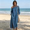 Women's One Shoulder Long Sleeve Maxi Dress, Casual Cotton Linen Long Tunic Dress, Side Slit Summer Loose Dress with Pockets