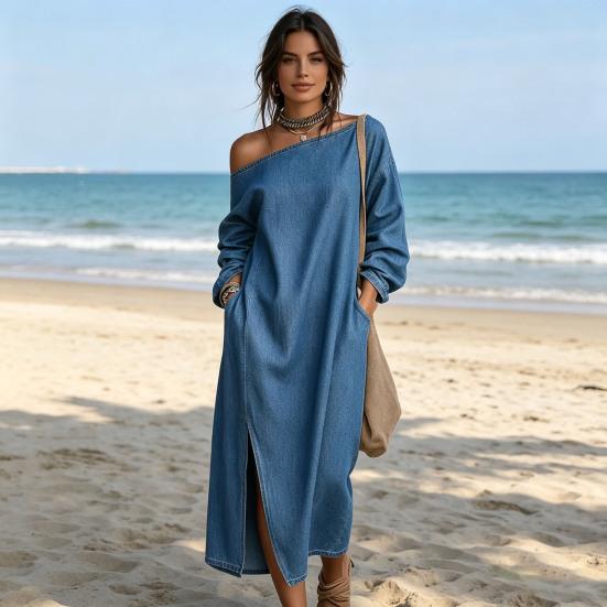 Women's One Shoulder Long Sleeve Maxi Dress, Casual Cotton Linen Long Tunic Dress, Side Slit Summer Loose Dress with Pockets