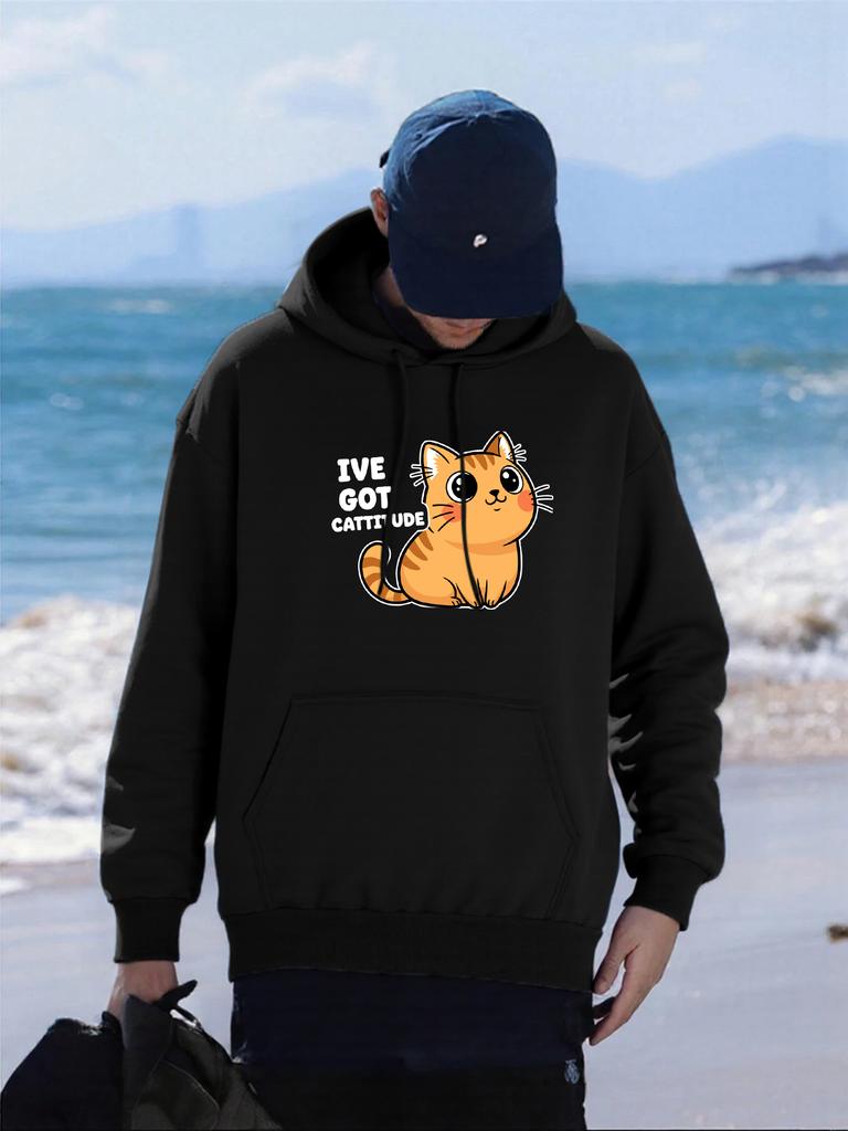 I Have Got Cattitude Cat Printing Mens Hoodies Comfortable Pocket Hoodie Fleece Autumn Clothing Casual All-Match Man Streetwear