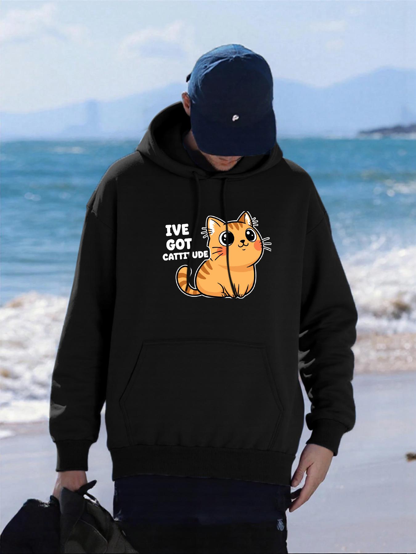 

I Have Got Cattitude Cat Printing Mens Hoodies Comfortable Pocket Hoodie Fleece Autumn Clothing Casual All-Match Man Streetwear 2XL