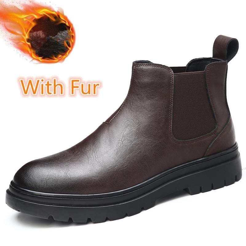 

Fashion Slip on High Top Men Shoes British Style Formal Chelsea Boots Winter Warm Plush Fur Business Boots for Men Handmade Male Botas 44