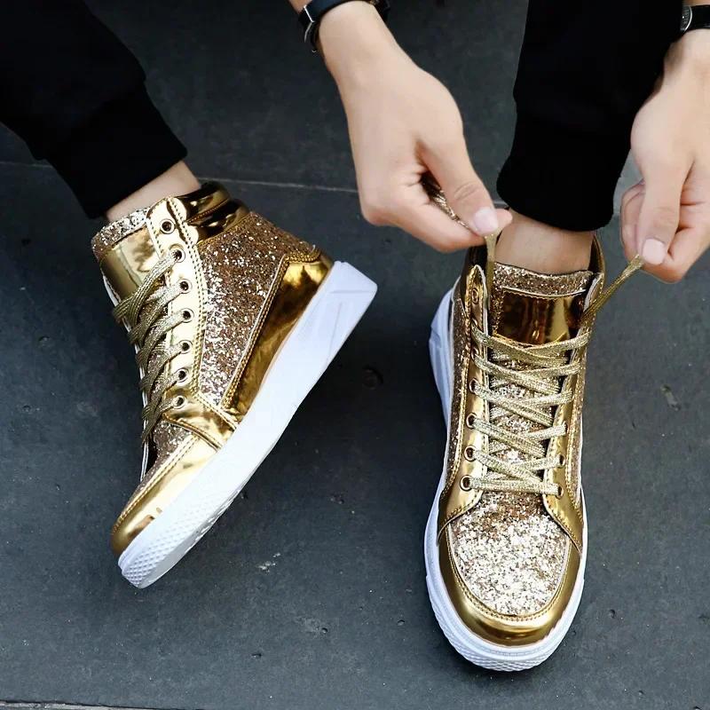 Mode Herr Guld Paljetter Plattform Stövlar Höst Mode Casual Sportskor Tjock Botten Vulkaniserade Skor Herr Platta Klackar Skor Hombres