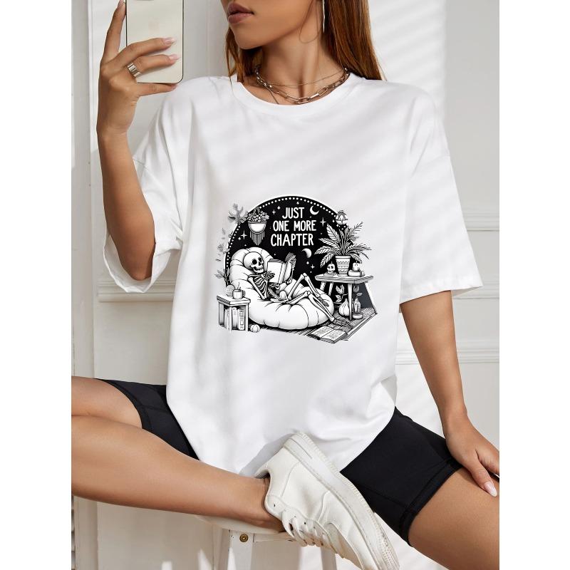 White Oversized T-Shirt With Skeleton Reading Book Print And Just One More Chapter Text For Casual Wear And Book Lovers