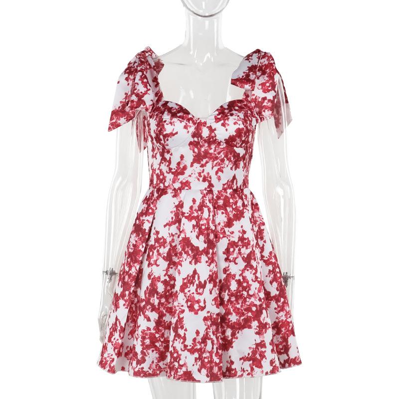 

Винтажное платье-слинг с синим принтом, шнуровкой и кружевом, для женщин, с высокой талией, плиссированное, А-силуэта, мини-платья, лето, новое, для отпуска, женское, vestidos XL красный