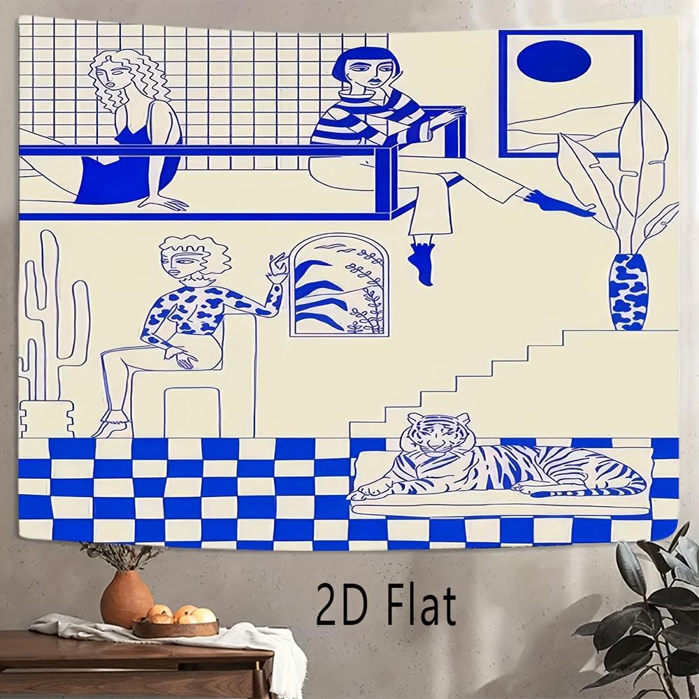

Blue and White Line Art Tapestry Abstract Figure and Tiger Wall Hanging Boho Geometric Decor for Living Room Bedroom 74x94cm(29x37in)