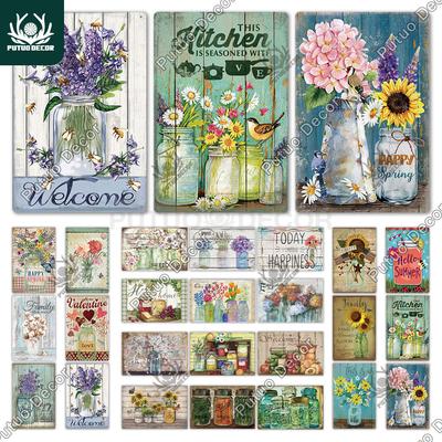 Putuo Decor Barattolo di Vetro Fiore Latta Vintage Cartello Metallo Girasole Retrò per Decorazione Fattoria Casa Giardino Soggiorno Parete