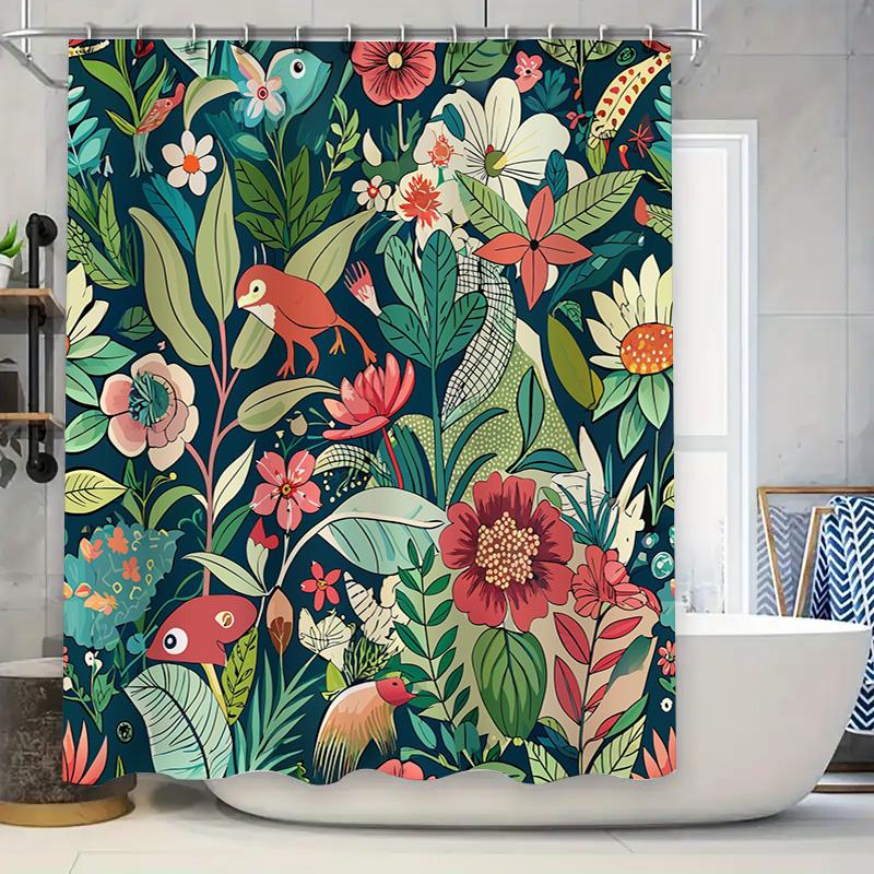 

Modern Tropical Floral Bath Shower Curtain with Birds Leaves Blue Green Red Pink Colorful Home Decoration Waterproof 3D Printed 90x180cm