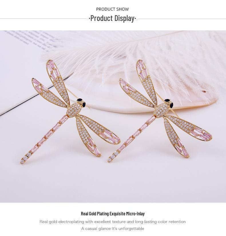 Elegant Dragonfly Brooch for Women - Gold-Plated, Zircon-Studded, Luxurious Accessory.