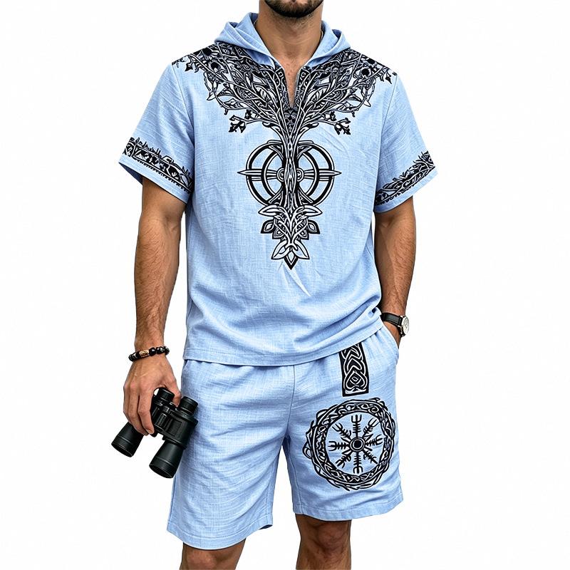 Men's European and American Casual Breathable Bamboo-Linen Hooded Shorts Set