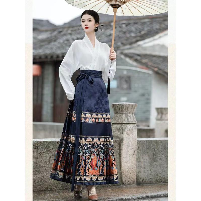 Ming Dynasty Inspired Hanfu Set Womens Embroidered Inner Collar Top Horse-Face Skirt Winter Daily Wear