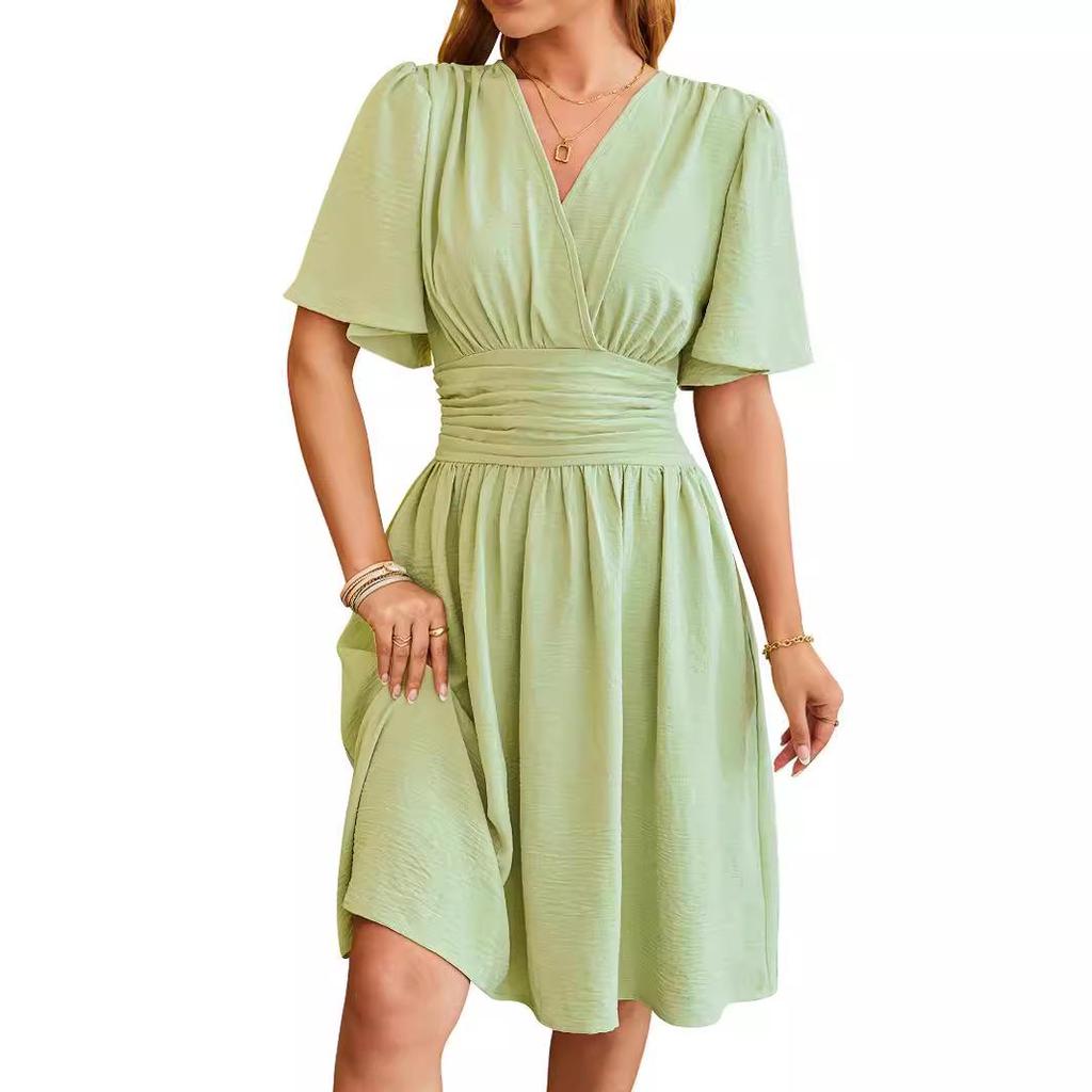 2024 Spring/Summer Women's V-Neck Waist-Cinching Flared Sleeve Dress