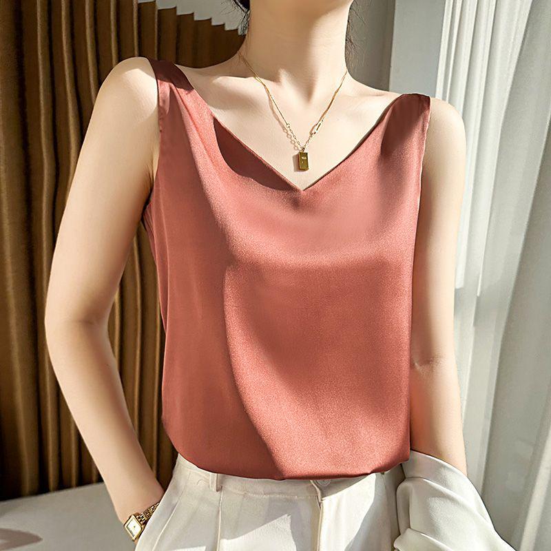 Ice Silk V-Neck Camisole for Women – Loose, Belly-Covering Satin Layer for Spring/Summer