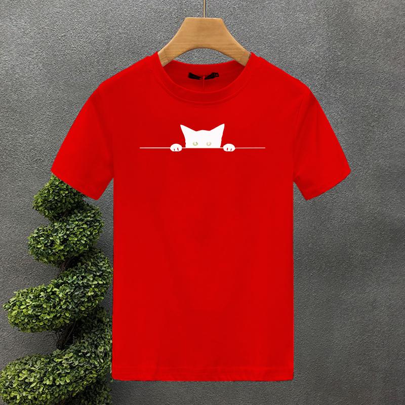 Men's Summer Cotton Fashionable Casual Loose Large Cute Cat Pattern Printed Round Neck Short Sleeve T-shirt Top