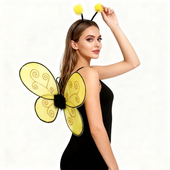 Halloween Bee Wing for Kids Boys Girls Yellow Mesh Wing Costume Animal Cosplay Headband for Fantasy Party Accessories