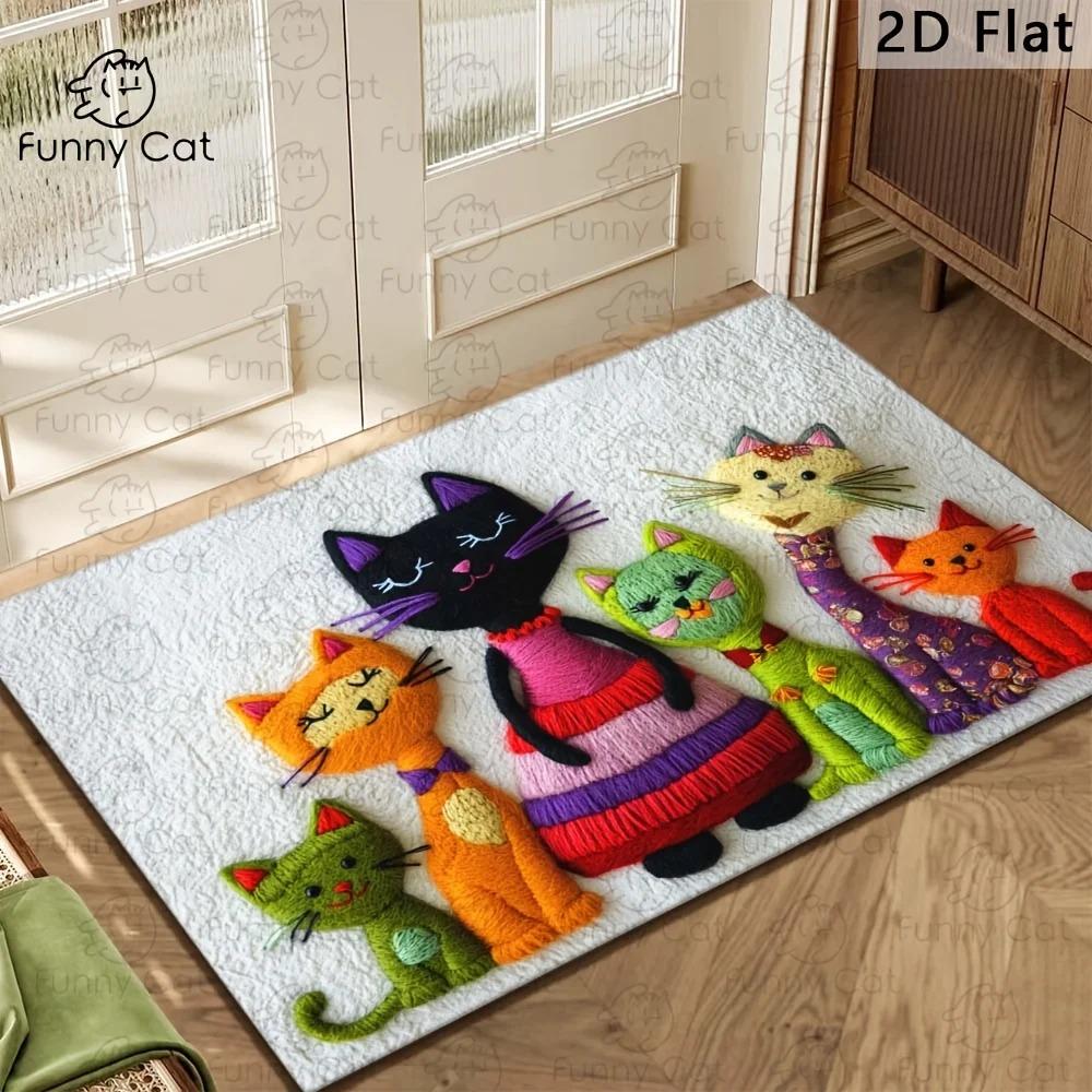 Handmade 2D Style Six Cats Print Entrance Doormat Colorful Kitty Pattern Non Slip Bath Rug Decorative Floor Carpet 1PC