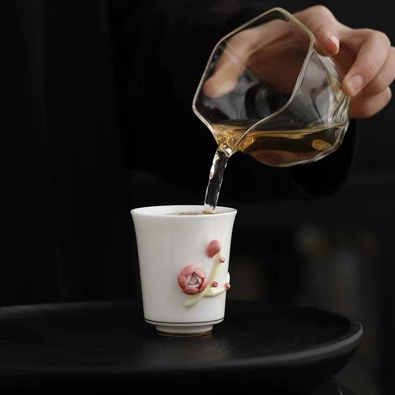 Handmade Floral Embossed Carved Relief Porcelain Tea Cup 80ml Chinese Kungfu Ceramic Cup for Ladies Holiday Gift