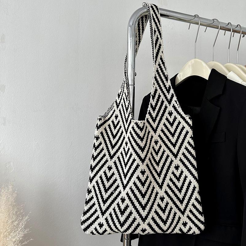 Boho Simple Diamond Woven Shoulder Bag Large Capacity Knitting Tote Bag Female Travel Shopping Bags For Girls Gifts 950₽