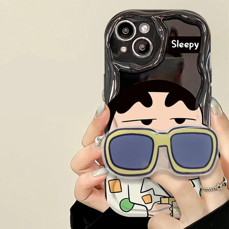 

C-Crayon S-ShinChan Glasses Support Wave Case for iPhone 16 15 14 11 Pro Max 13 12 Mini XR XS X 8 7 Plus SE 2020 Silicone Cover For iPhone 13