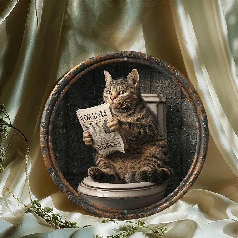 1pc Vintage Cat on Toilet Reading Newspaper Metal Sign, 2D Round Iron Wall Decor, Funny Home Office Garage Decor