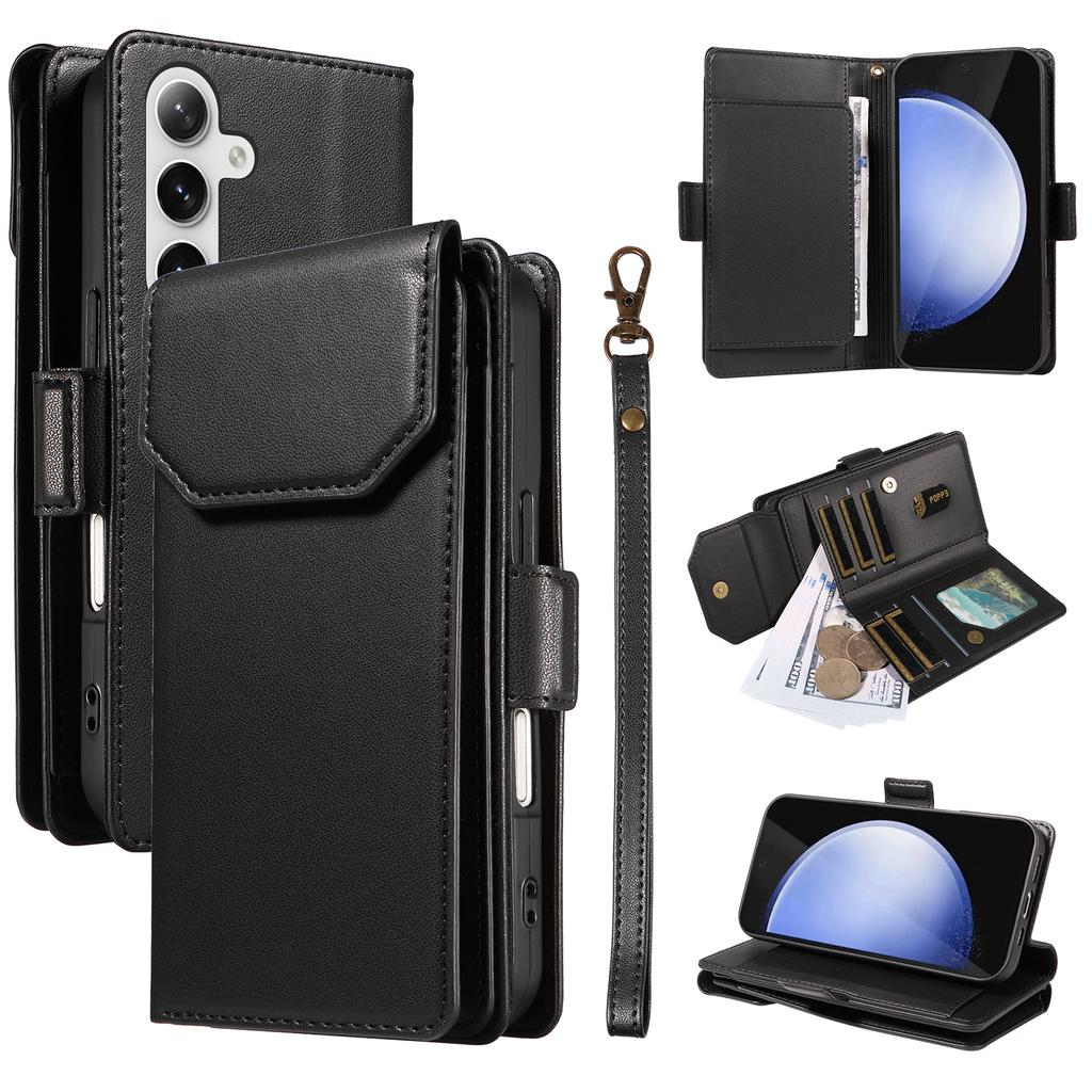 For Samsung Galaxy S24 FE Case with Multi-Card Holder and Strap PU Leather Phone Cover Stand