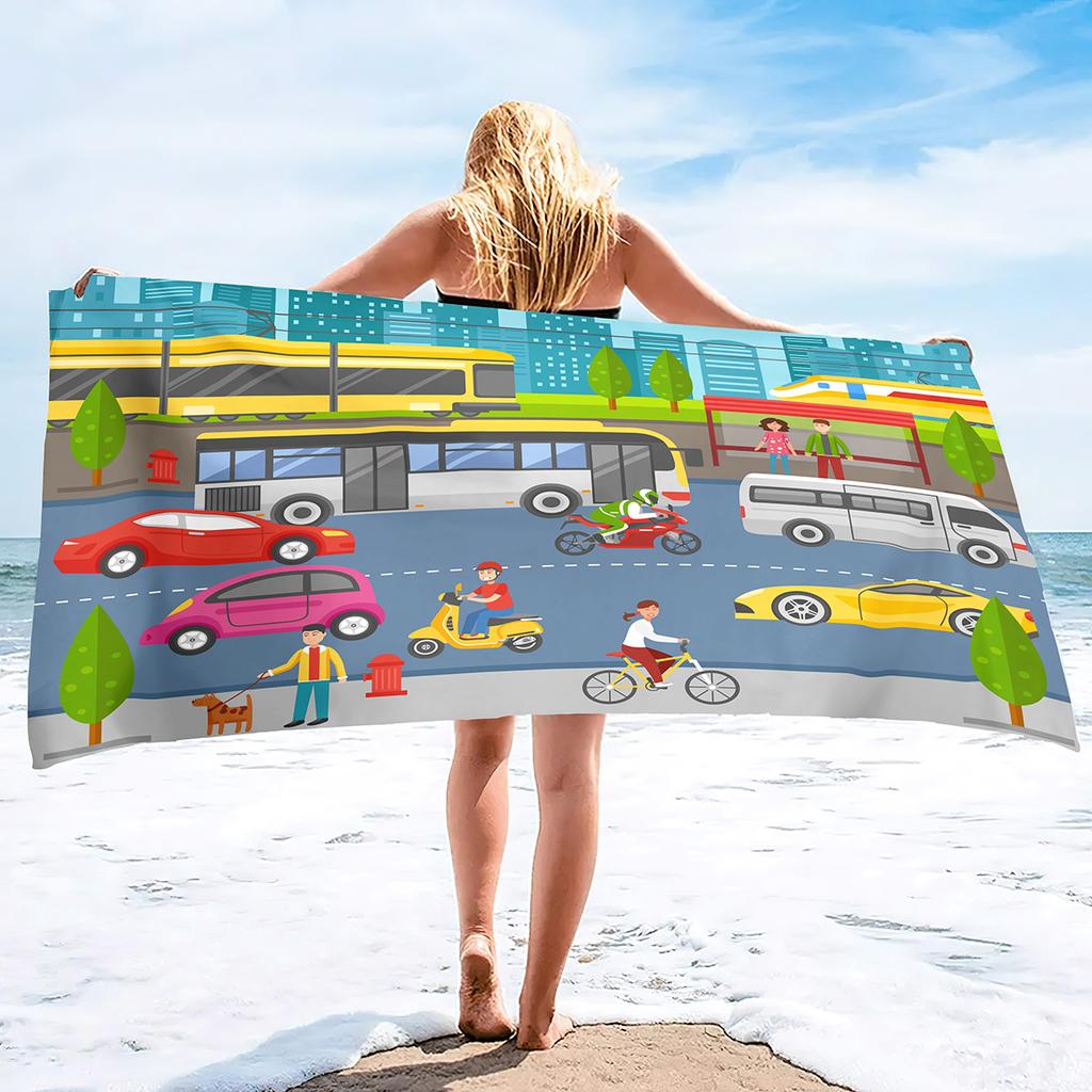 Cartoon Road Traffic Pattern Printing Series Seaside Vacation Beach Towel Swimming Bath Towel