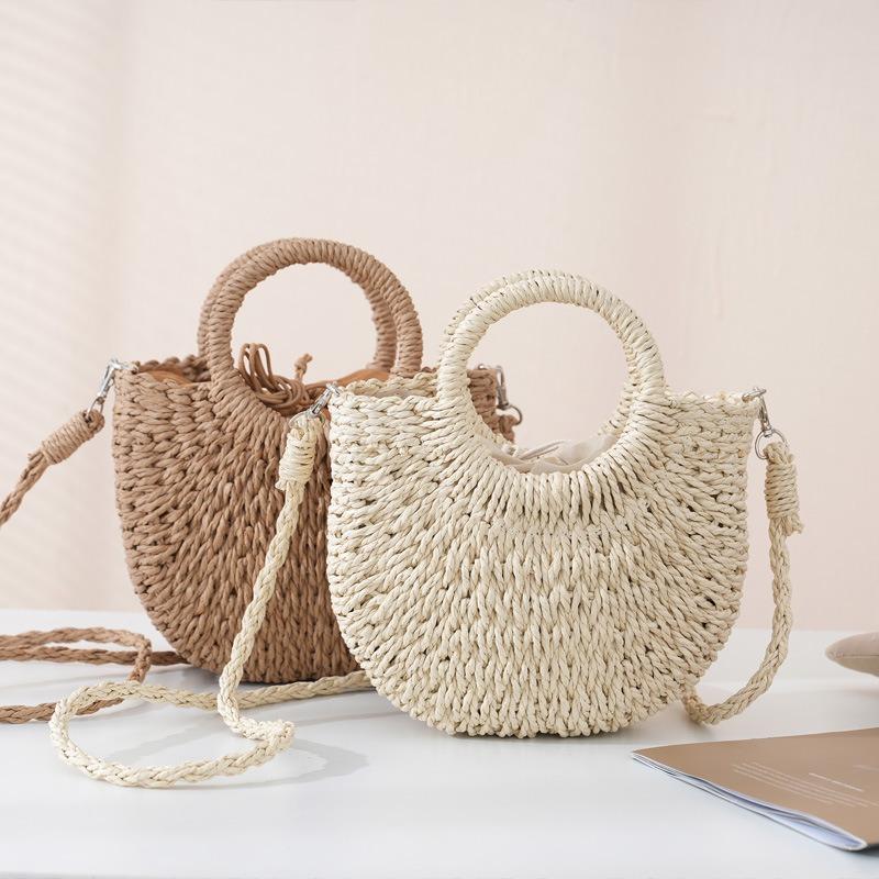 New paper rope fashionable versatile portable crossbody small round bucket hand-woven shoulder women's bag woven bag
