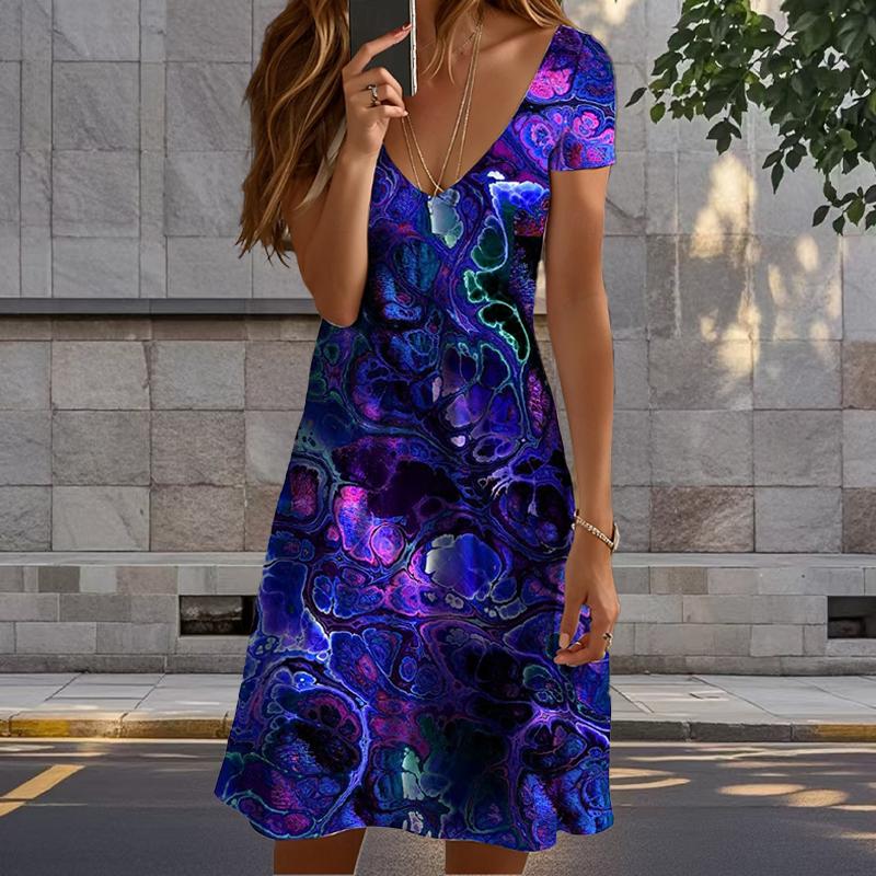 

Летняя мода Женское платье с V-образным вырезом и короткими рукавами, в стиле ретро, с принтом, сексуальное, с короткой юбкой 8XL фиолетовый