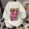 Women's 2026 Summer Loose Fit Cartoon Print Cotton T-Shirt - American Style, Short Sleeve, Versatile for Couples, Available In White and Grey.