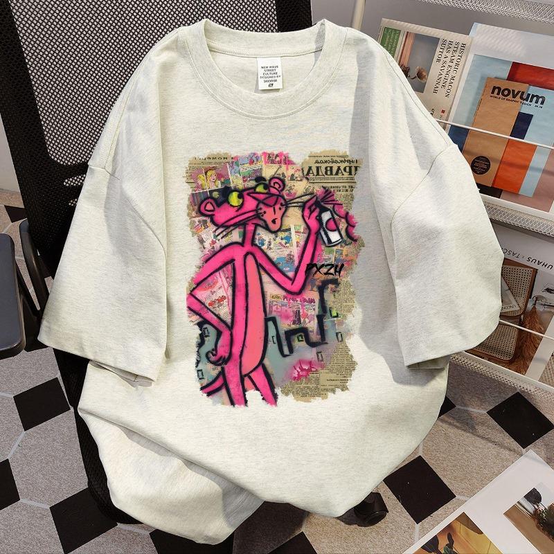 Women's 2026 Summer Loose Fit Cartoon Print Cotton T-Shirt - American Style, Short Sleeve, Versatile for Couples, Available In White and Grey.