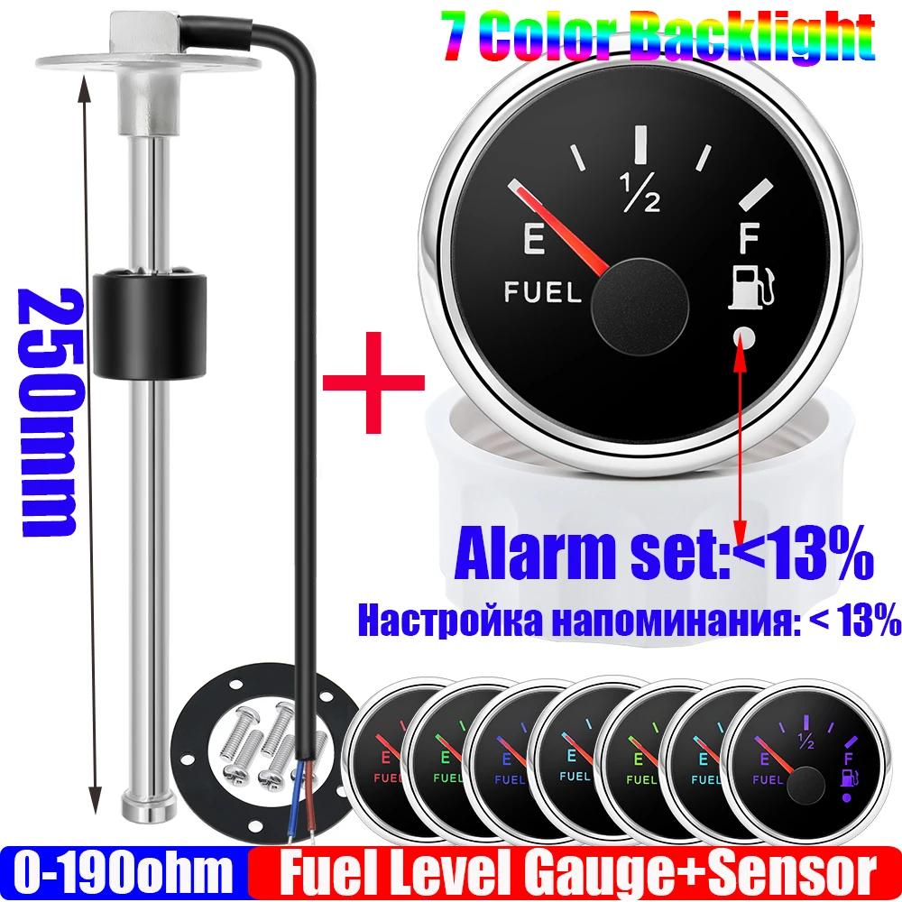 ZMFJH 2"52mm Fuel Level Gauge+Fuel Float Sensor 100-550mm 0-190 ohm Oil Tank Meter with Alarm 7 Color Light for Car Yacht 12V24V