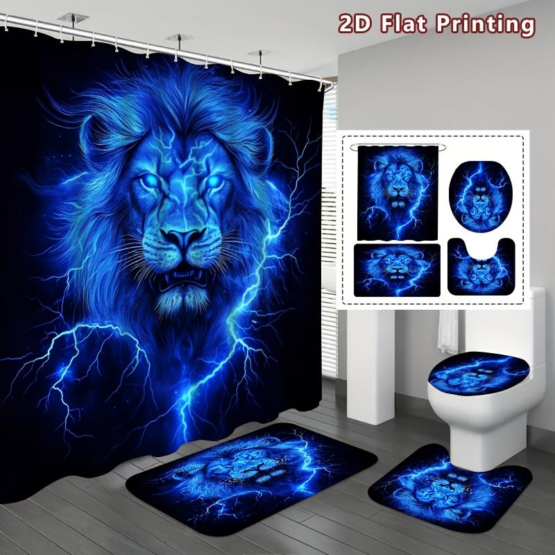 4Pcs Mystic Blue Lion Shower Curtain Set with Non-Slip Bath Mat, Toilet Lid Cover, Contour Rug & 12 Hooks, Bathroom Decor
