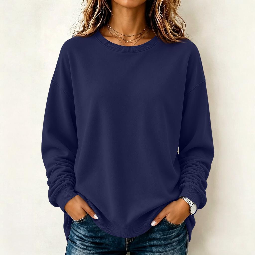 Maglione camicetta casual da donna a maniche lunghe tinta unita con scollo rotondo