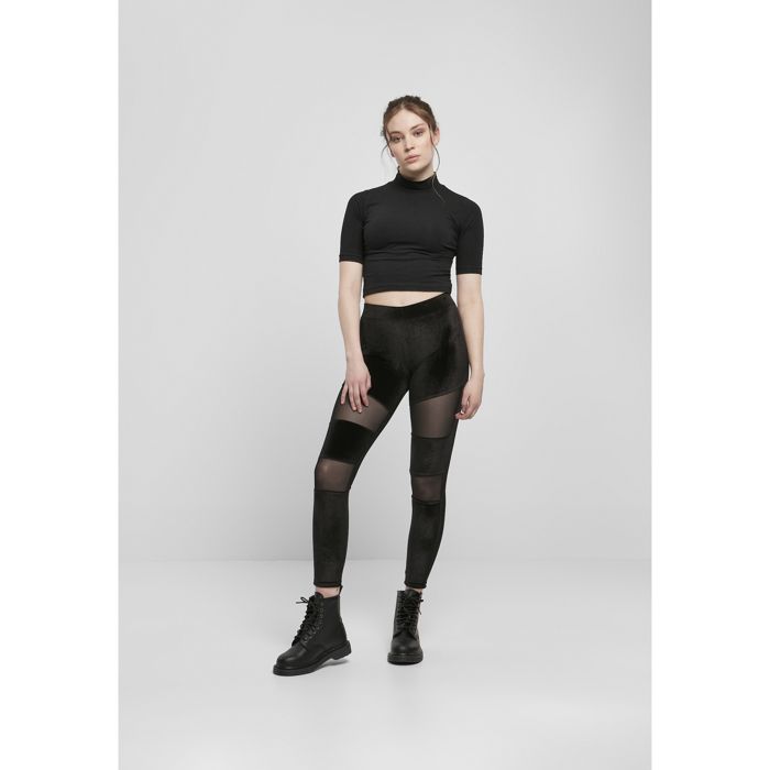 Damen Leggings - Urban Classics - Velvet Tech Mesh - Stretch-Velours - Transparentes Mesh - Elastische Passform