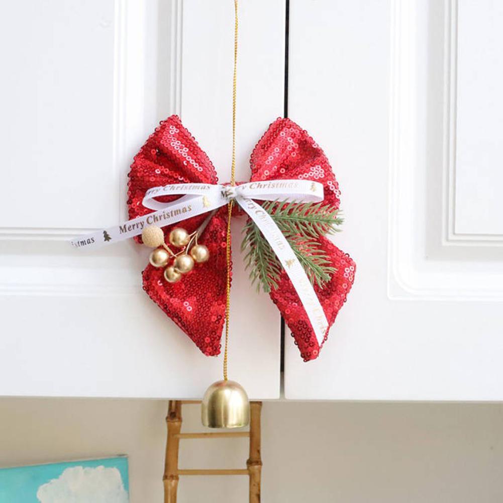 Festive Pearl Glitter Bow Bell Pendant for Christmas Tree and Car Hanging Ornament Available in Red Pink Silver Gold
