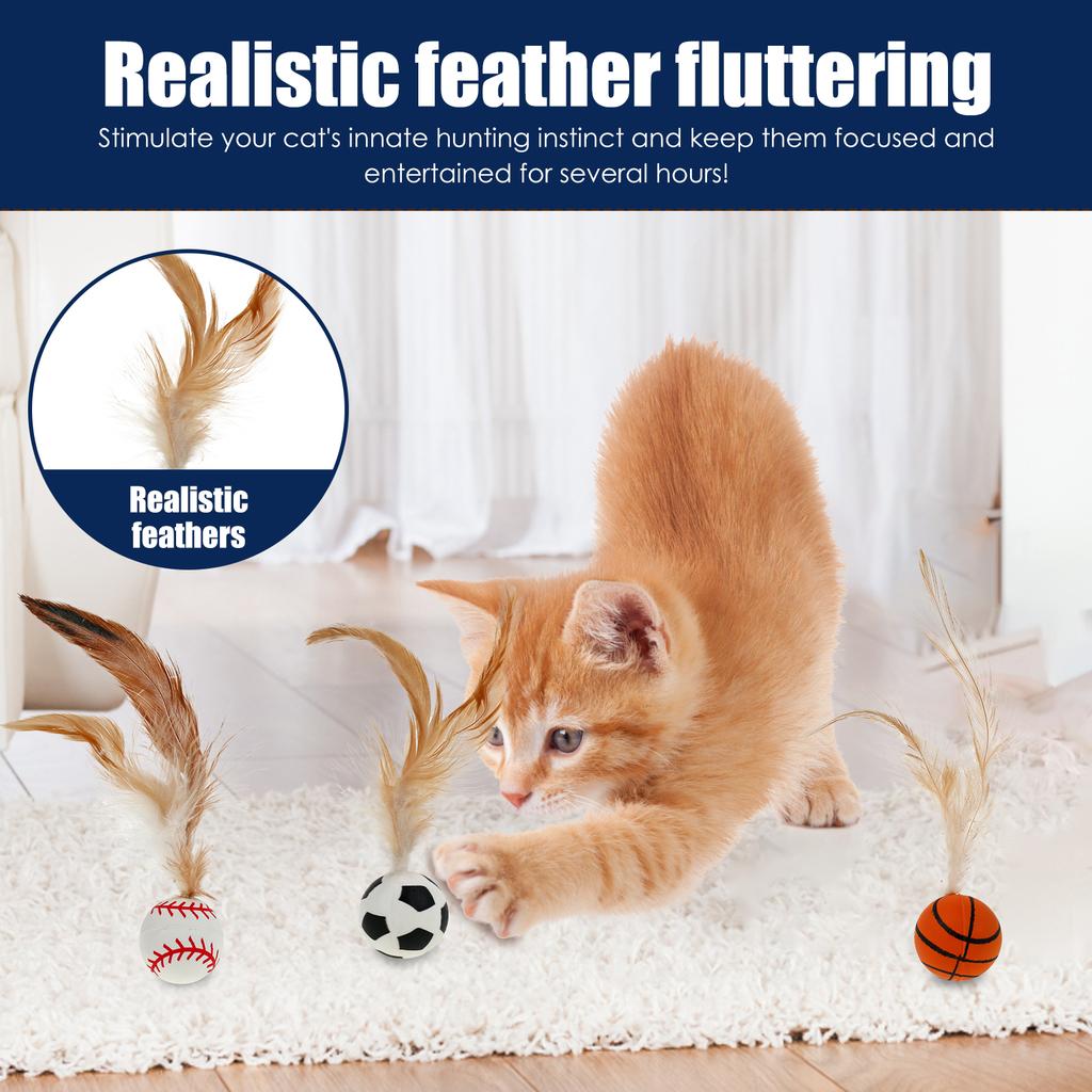 12Pcs Feather Ball Cat Toy Rubber Bouncy Balls Cat Interactive Ball Toys Indoor Pet Training Catcher Chew Toy for Kitten Playing