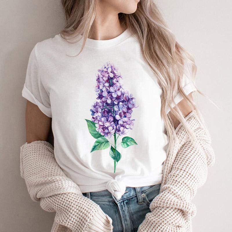 Women Tshirt Cartoon Purple Flower Floral 2025 Summer Spring T Shirt Female Clothes Graphic 90S Aesthetic Kawaii Tee Tops Lady