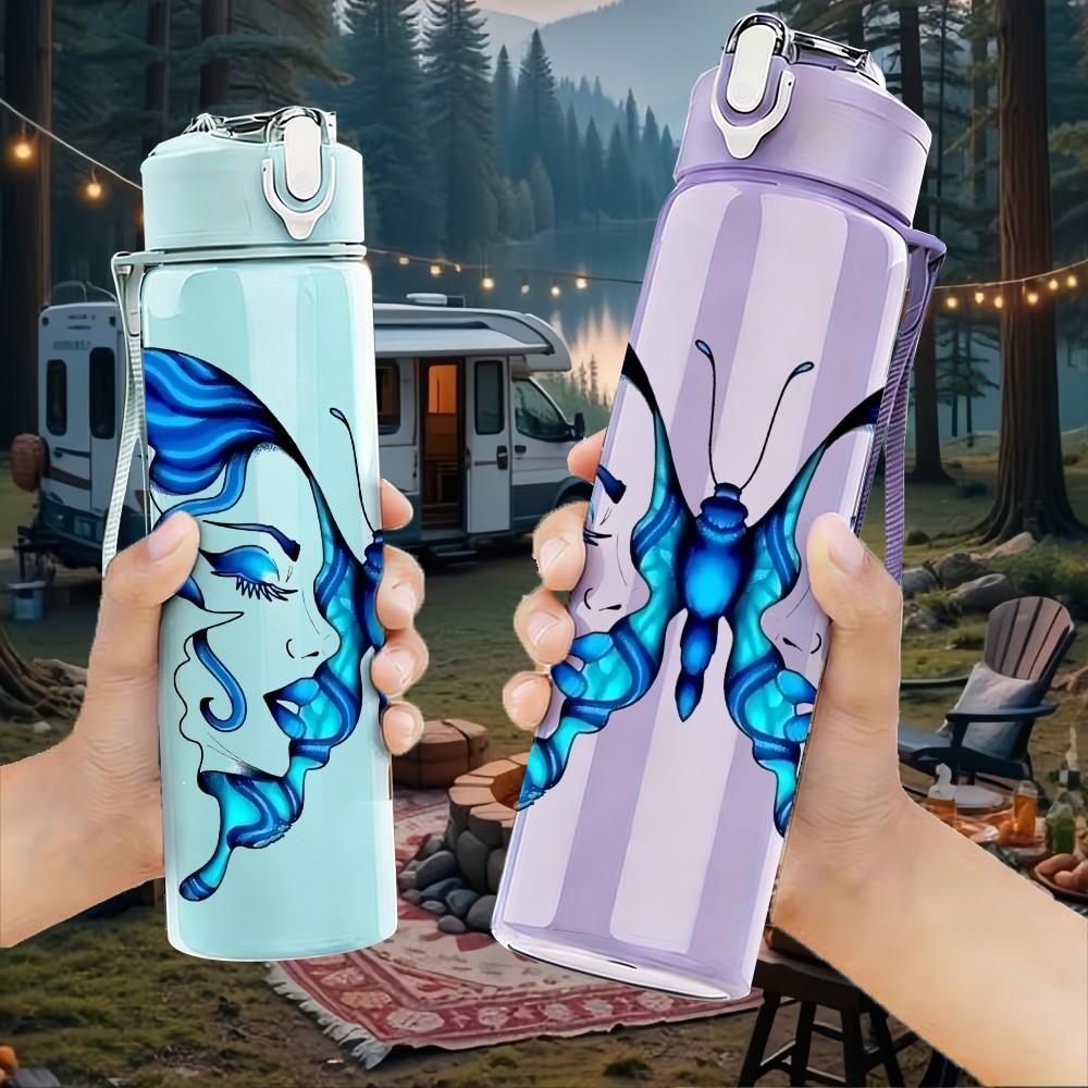 1PC Blue Gradient Butterfly Wing Print 750ml Color Plastic Sports Water Bottle Leakproof Flip Straw Lid Suitable for Sports Office Home Use
