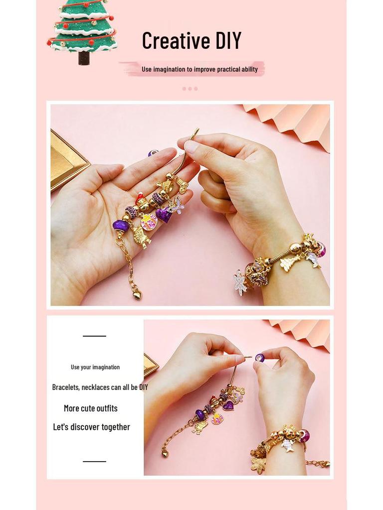 Contagem Regressiva para o Natal: Caixa de Presente Roxa com Calendário de Pulseira de Contas Douradas/Prateadas DIY