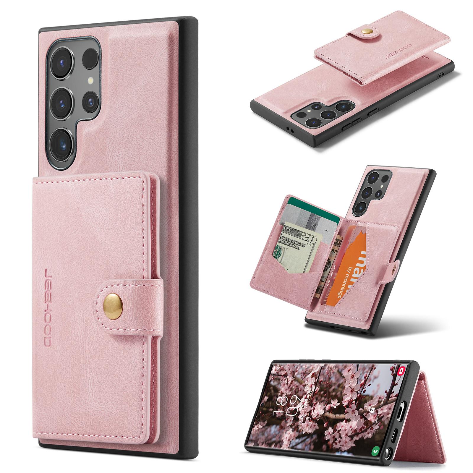 

For Samsung Galaxy S24 Ultra Case Kickstand Phone Cover Detachable Card Bag Pink