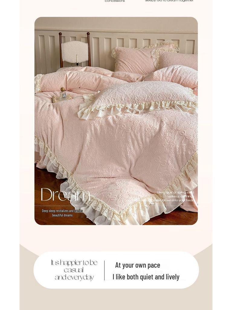 G5Z Princess Milk Velvet 4-Piece Set: Extra Thick French Lace Bedspread & Fitted Sheet