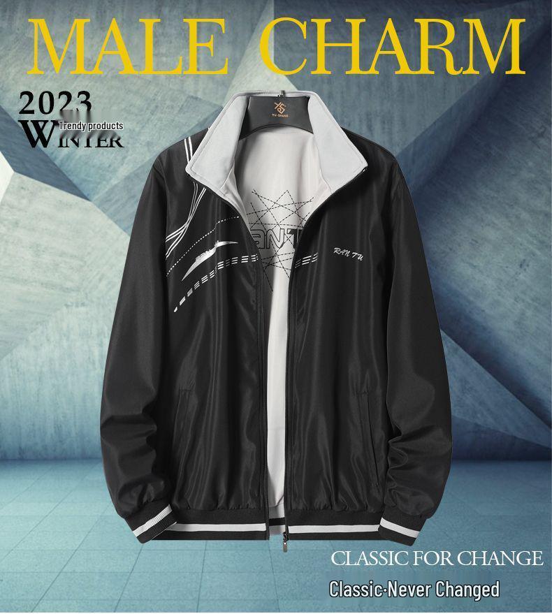 Herren Wende Windbreaker Jacke mit Stehkragen – Frühling/Herbst, Lockerer Schnitt, Große Größen.