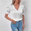 New Satin V-neck Button-up Ruffle Blouse - Spring/Summer Casual Short Sleeve French Style