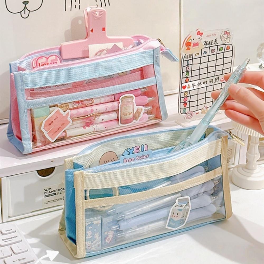 1 st Color Block Transparent PVC Pennskrin Penförvaringspåse för Prov Söta Färger Stor Kapacitet Flerlagers Kontorsmaterial