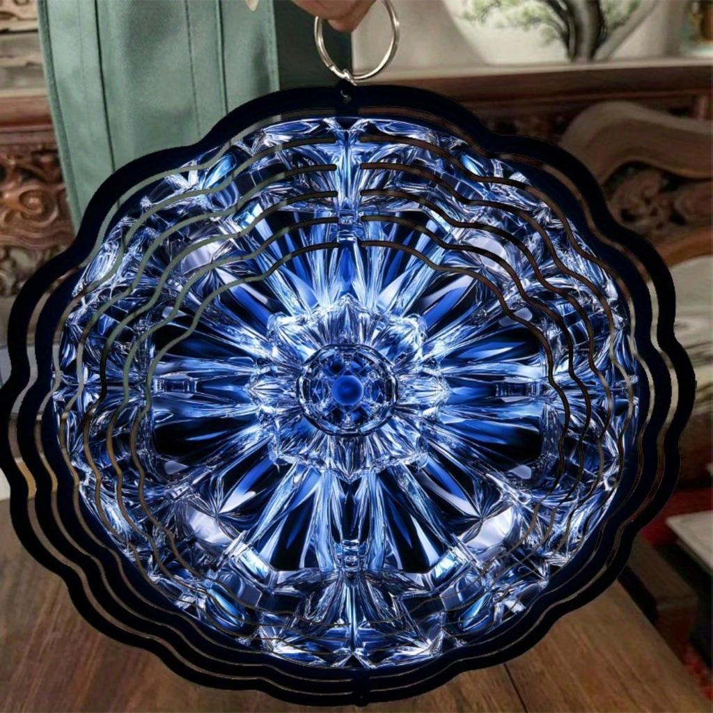 360 Degree Rotating Metal Wind Spinner for Outdoor with Faceted Blue Crystal Design Hanging Decor for Garden Patio Balcony All Season