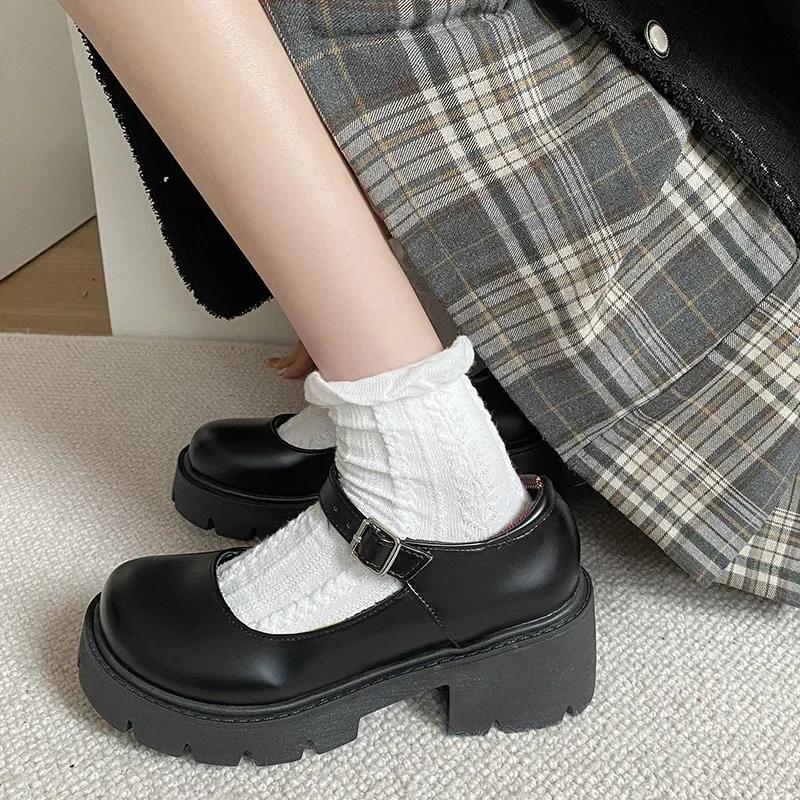 Fashion Platform Heels Mary Janes Simple Lolita Shoes Black Platform Shoes Student College Sweet Medium Heel Women's Single Shoes