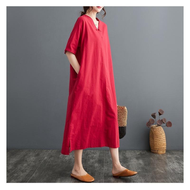 Summer New Cotton and Linen Artistic Retro Pullover Buckle Dress A-line Long Skirt