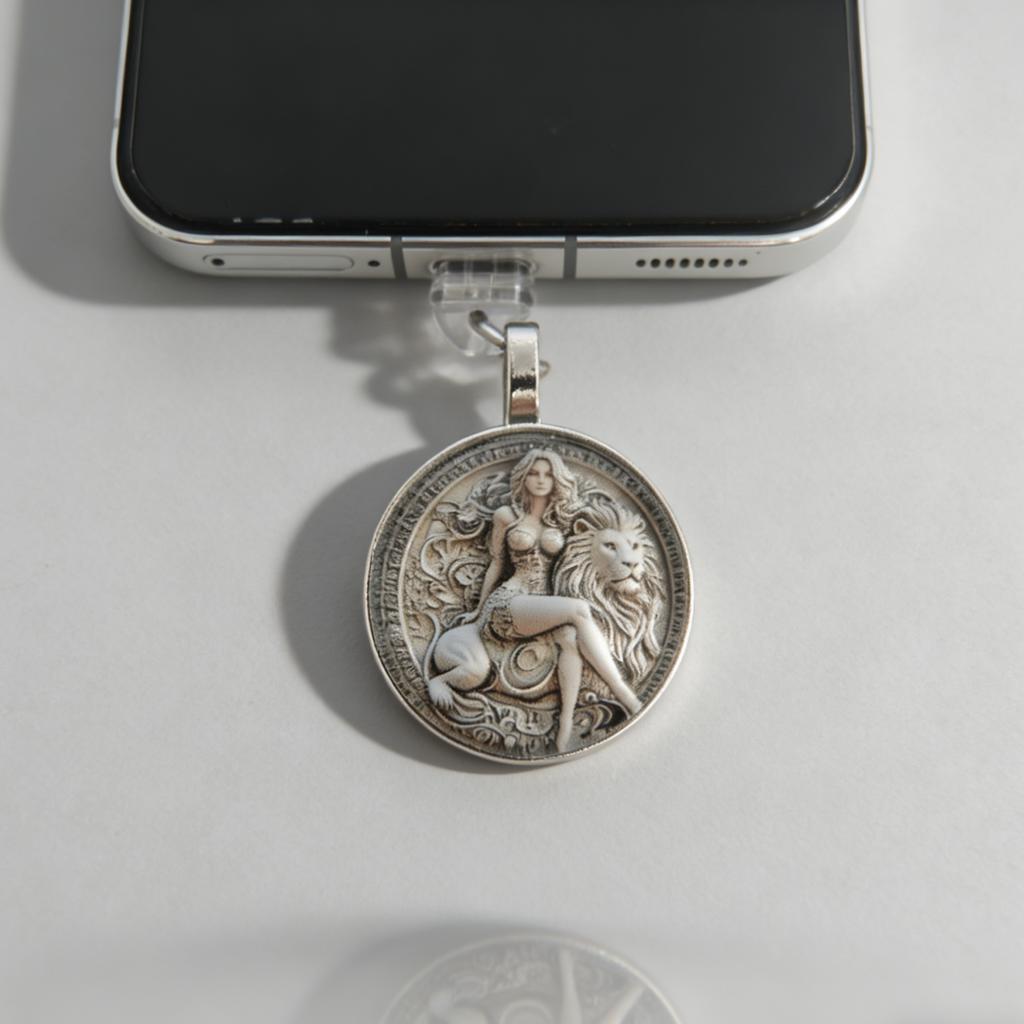 Vintage Embossed Beauty and Lion Lanyard Phone Dust Plug, Comes with Anti-Loss Strap, Dual-Use for Anti-Loss and Decoration