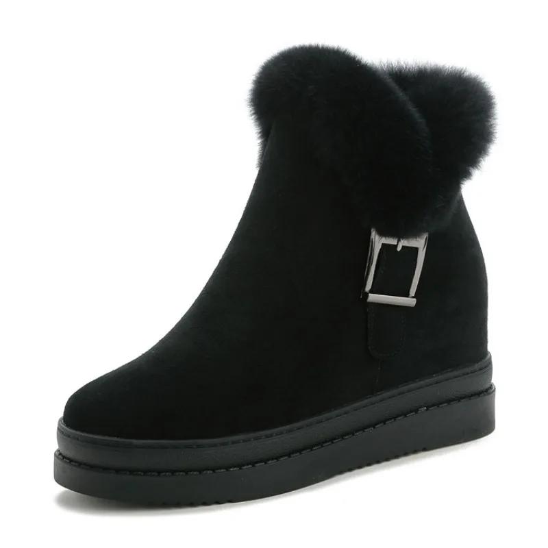 7,5CM Semiš Pravá Kůže Dámské Kotníkové Sněhule Platforma Klínek Kožešina Plyš Teplé Dámské Zimní Boty Zip Skryté Podpatky Boty