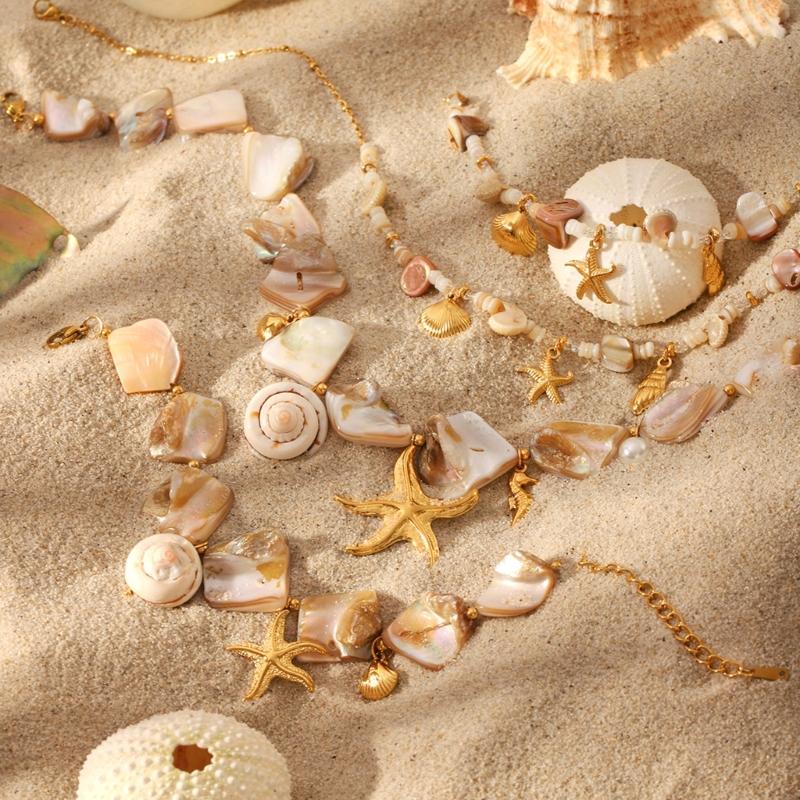 Handmade Look Stainless Steel Marine Jewelry Adjustable Length Starfish Shell Necklace/Bracelet Summer Fashion Gift