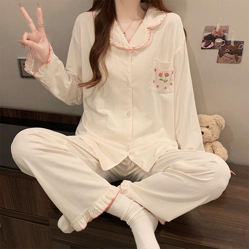 Spring and Autumn Women's Tulip Flower Pajamas Homewear Set of Girls Sweet Lace Long-Sleeved Senior Sense Pajamas Homewear